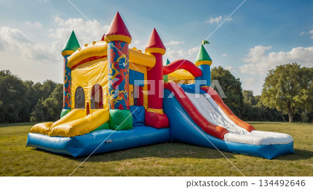 Colorful inflatable bouncy castle in sunny park Colorful inflatable bouncy castle in sunny park 134492646