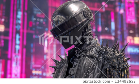Mysterious cyborg in spiked armor in neon cityscape 134492652