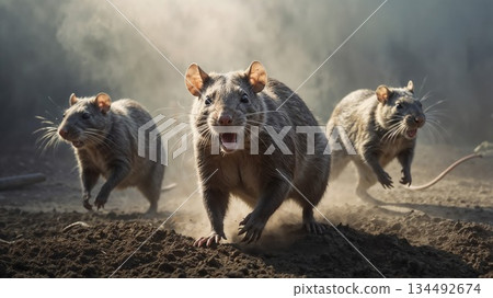 Aggressive rats charging forward on dusty ground Aggressive rats charging forward on dusty ground 134492674