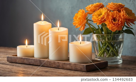 Warm glowing candles with vibrant orange flowers decor Warm glowing candles with vibrant orange flowers decor 134492683