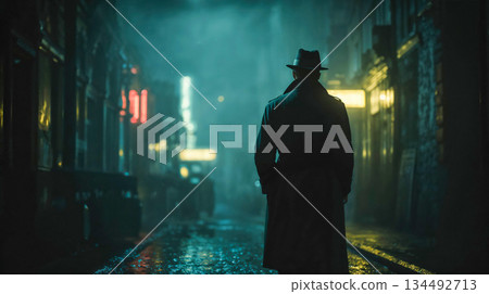 Man walking on a dark, rainy city street at night 134492713