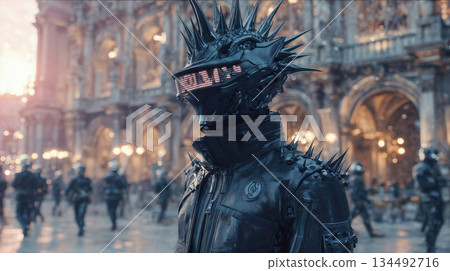 Robotic figure with spiked helmet in futuristic city Robotic figure with spiked helmet in futuristic city 134492716