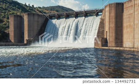 Concrete dam releasing powerful water, creating a majestic waterfall under blue sky 134492731