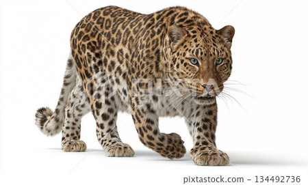 Leopard walking with intense gaze on a clean white background 134492736