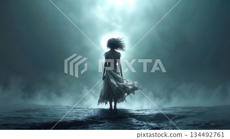 Ethereal woman in white dress standing in misty ocean 134492761