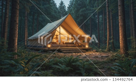 Luxury glamping tent illuminated in a serene pine forest at dusk 134492764