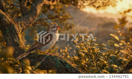Bird sings on branch, bathed in warm golden light 134492791
