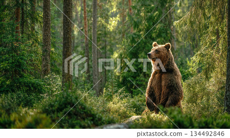 Brown bear stands majestically, observing its sunlit forest habitat 134492846