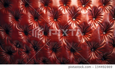 Red leather upholstery showcasing classic tufted design and luxurious texture Red leather upholstery showcasing classic tufted design and luxurious texture 134492869