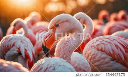 Flamingo standing elegantly in a flock, glowing in warm golden hour light 134492875
