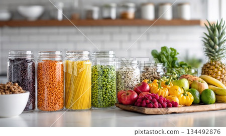 Kitchen counter with jars of dry goods and fresh produce 134492876