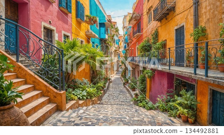 Colorful buildings lining a narrow cobblestone street in a Mediterranean town 134492881