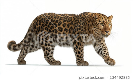 Leopard walking gracefully on a clean white background Leopard walking gracefully on a clean white background 134492885