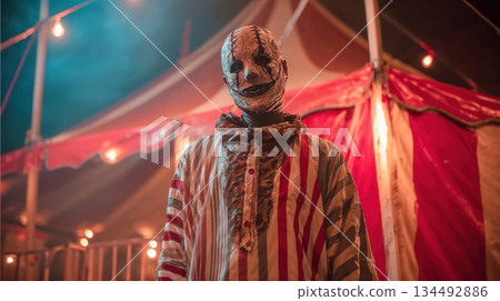 Scary masked figure posing at a spooky circus tent at night 134492886