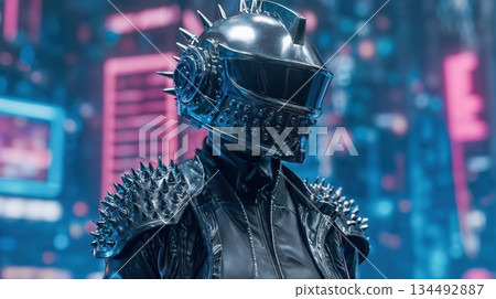 Cyberpunk figure wearing spiked helmet and jacket in neon city 134492887