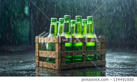 Green beer bottles chilling in wooden crate during rain 134492888