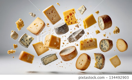 Various types of cheese pieces falling on white background 134492903