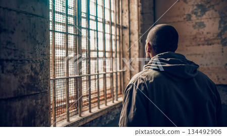 Man looking out barred window from inside prison Man looking out barred window from inside prison 134492906