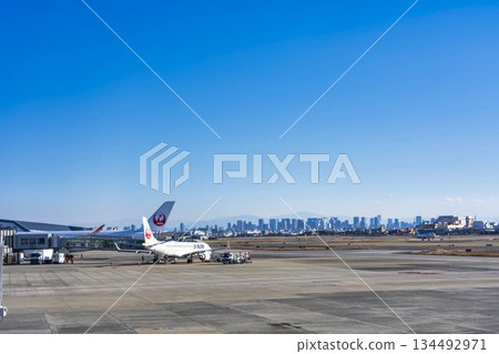 A clear day at Osaka Airport (Itami Airport) - A landing plane and the Osaka cityscape - Itami City, Hyogo Prefecture 134492971