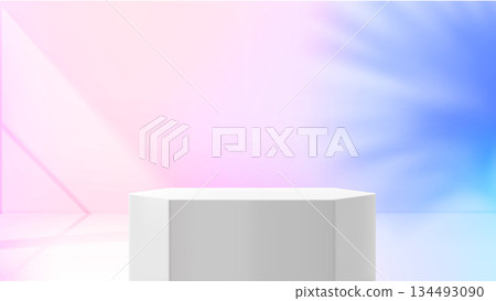 Neon glowing studio with white podium. 3d vector illustration Neon glowing studio with white podium. 3d vector illustration 134493090