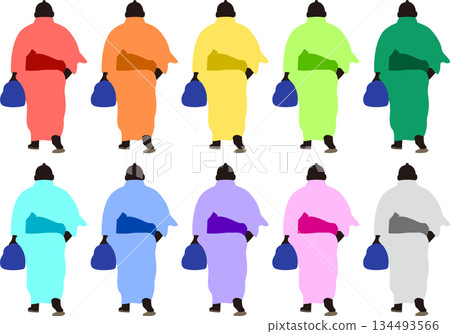 相撲力士穿著和服,手捧風呂敷,背對著觀眾行走。 相撲力士穿著和服,手捧風呂敷,背對著觀眾行走。 134493566
