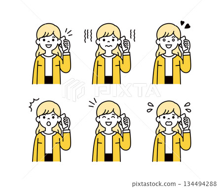 A set of upper body vector illustrations of women, housewives, and moms with various expressions talking on smartphones A set of upper body vector illustrations of women, housewives, and moms with various expressions talking on smartphones 134494288