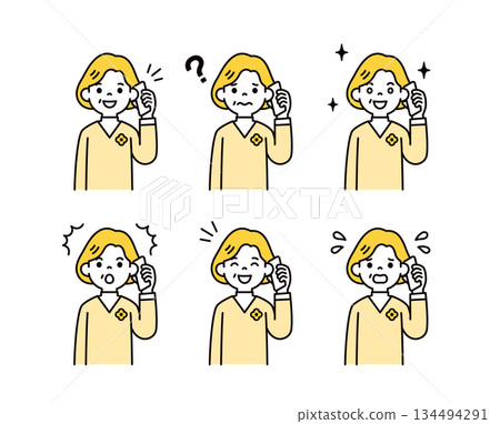 Upper body vector illustration set of middle-aged and elderly women with various expressions talking on smartphones 134494291