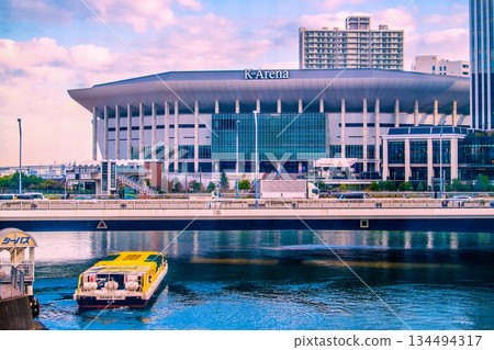 View of Yokohama cityscape in Japan, including K Arena and the Sea Bus (water bus) departing. Towards a new era... = 19th 134494317