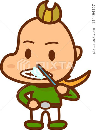 Boy wearing a hero-style scarf brushing his teeth Boy wearing a hero-style scarf brushing his teeth 134494397