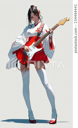 Musical Instrument Girl 043: Illustration of a woman playing the guitar in a shrine maiden costume 134494441