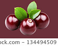 Ripe cherries with green leaves isolated 134494509