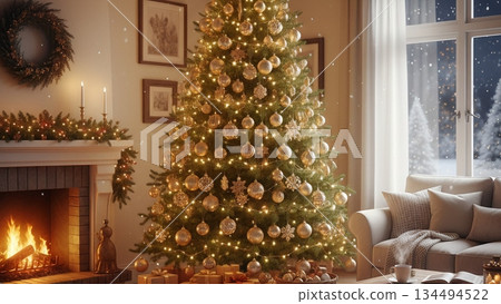 Cozy Living Room with Christmas Tree and Fireplace 4K AI 134494522