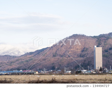 【山形線】一列地方列車穿過有天鵝出沒的鄉村景色 134494727