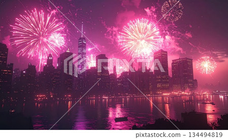 【人工智慧影像】粉紅色的煙火在城市中綻放 134494819