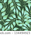 Seamless pattern with graceful turquoise leaves on branches. Watercolor botanical illustration. Hand drawn isolated art. Blue background for textiles, packaging, wallpaper, fabric, and paper 134494923