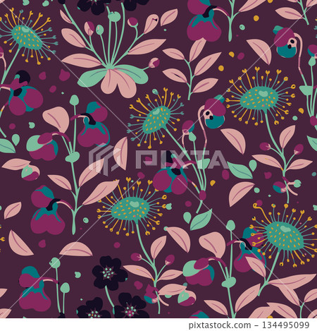 Floral surface design featuring hand drawn wild blooms and leaves for textile printing and commercial packaging. 134495099