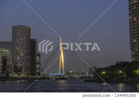 傍晚時分，燈火輝煌的中央橋和永台橋橫跨隅田川，景色迷人。 134495268