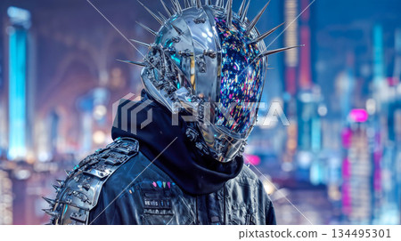 Cyberpunk warrior in glowing helmet against neon city Cyberpunk warrior in glowing helmet against neon city 134495301