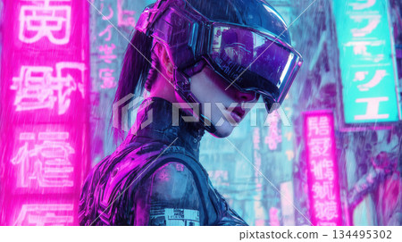 Cyberpunk woman in futuristic visor in rainy neon city 134495302