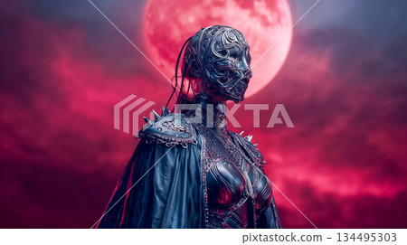 Futuristic armored warrior under a dramatic red moon Futuristic armored warrior under a dramatic red moon 134495303