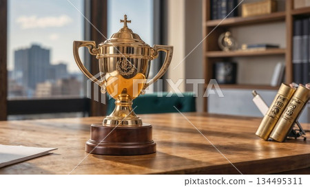 Religious golden trophy stands prominently in office 134495311