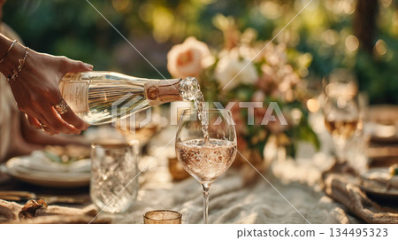 Hand pouring champagne into glass at elegant dinner 134495323