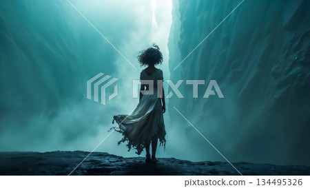 Solitary woman stands gazing into a vast mysterious canyon Solitary woman stands gazing into a vast mysterious canyon 134495326