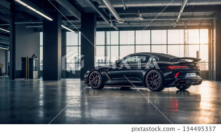 Sleek black sports car showcased in a modern urban garage Sleek black sports car showcased in a modern urban garage 134495337