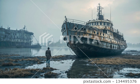 Man explores abandoned shipwreck on muddy shore 134495376