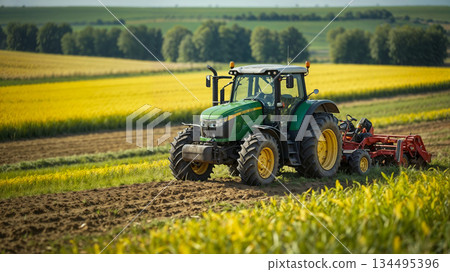 Green tractor plows fertile field in rural landscape Green tractor plows fertile field in rural landscape 134495396