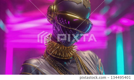 Stylish cyberpunk character with gold details and neon lights 134495401