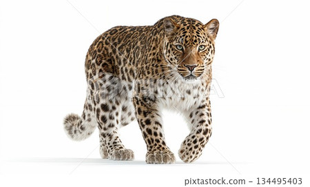 Majestic leopard walking forward on white background 134495403
