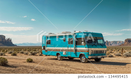 Vintage RV parked in vast desert landscape Vintage RV parked in vast desert landscape 134495415