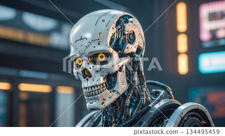Futuristic android skull with bright glowing eyes Futuristic android skull with bright glowing eyes 134495459